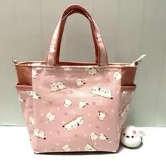 トートバッグ　サイドポケット　ファスナー付き　シマエナガ　サーモンピンク