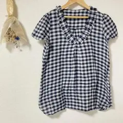 【iMAGE】半袖チェックシャツ♡ホワイト×ネイビー♡