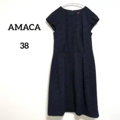 8−2【アマカ】AMACA　ネイビーワンピース　半袖　総レース　上品　フォーマル