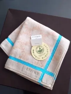 CELINE タオルハンカチ ベージュ 青ストライプ