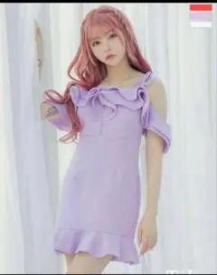 薄紫オフショルダーフリルドレス