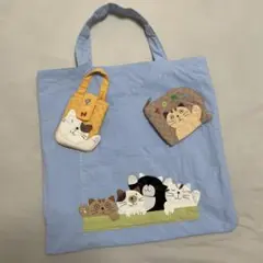 ヒコウセンカーラ色んな猫さんの刺繍付き水色エコバッグと小物