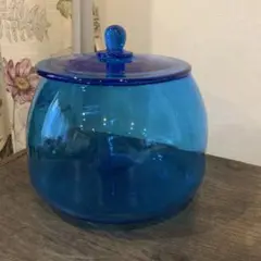 青色ガラスキャニスター 蓋付き