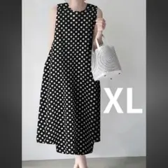 【XL】 ワンピース　黒　白　ドット　夏　おしゃれ　ノースリーブ　ロング　 水玉