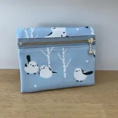 フタにファスナー☆移動ポケット☆シマエナガ☆ブルー☆ハンドメイド