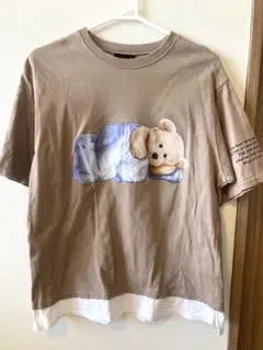 ベージュ　くま柄　Tシャツ　半袖　重ね着風　Sサイズ