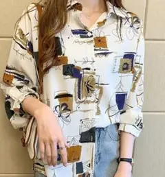 【人気商品】ブラウス　とろみ　レディース　シャツ　総柄プリント　花柄　ホワイト