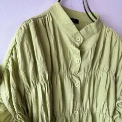 古着 ワッシャーフリルブラウス シワ加工 スタンドカラー 黄緑 くすみカラー M