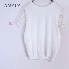 ＊アマカ【M】レースカットソー 綿100% フェミニン 切り替え素材 春夏