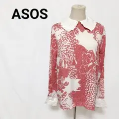 ASOS エイソス ドット花柄 フリルカラーブラウス 赤白 ヴィンテージ風