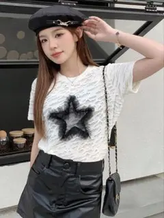 星型フリル ホワイトTシャツ 半袖