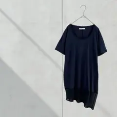 3528【ベイジ】変形　Tシャツ　カットソー　異素材　半袖　ネイビー　サイズ４