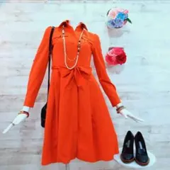 ANAYI 長袖ベルテッドシャツワンピース S オレンジ フレアスカート