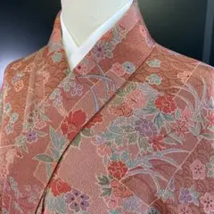 【着】9633m 着物 小紋 縮緬 短冊に花・吉祥文様 しつけ付き