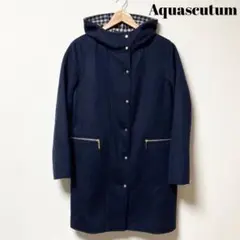 美品 Aquascutum アクアスキュータム フード付ウールコート ネイビー