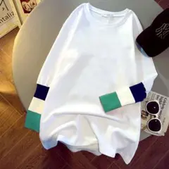 SALE! 【グリーン】　バイカラートップス　トップス　カットソー　長袖
