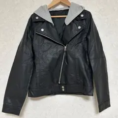 【Lサイズ】ブラックレザーライダースジャケット フード付き