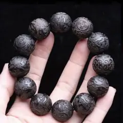 【新品未使用】高級黒檀 彫刻ビーズブレスレット 12連 特大20mm珠
