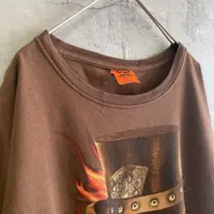 古着 ガイコツ スカル ファイヤー プリント アメリカ輸入 Tシャツ 半袖 茶