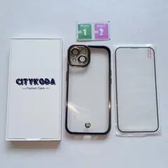 iPhone 14 ケース 強化ガラス保護フィルム1枚付き クリア×黒×金