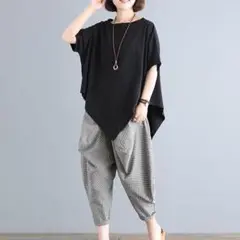 レディース黒TEEストライプパンツ2点セット黒グレーストライプサルエルパンツ3