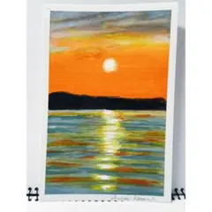 【原画】夕日が綺麗な海の風景　一点物　ポストカード