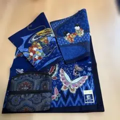 新品　未使用　 藍染ハンカチ3枚と大島紬テッシュ&ポーチ