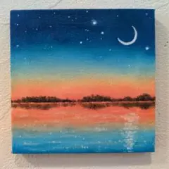 【原画：10×10cm】 静かな湖畔　オイルパステル画　キャンバスアート