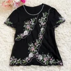 ViaFaburrica ヴィアファブリカ　花柄刺繍　カットソー　黒　M〜 L