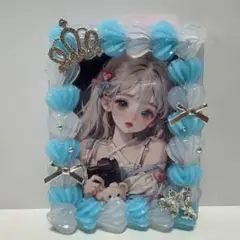 トレカケース　ホイップデコ　水色×ホワイト　王冠　リボン　シルバー