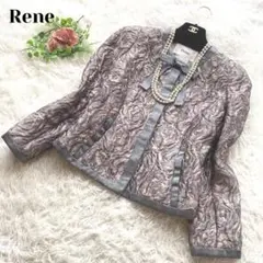 ルネ TISSUE ノーカラージャケット 花柄 バラ リボン シルク 38 L