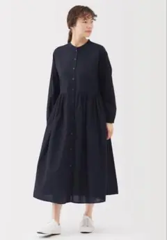 無印良品　MUJI 綿ボイル長袖ワンピース　サイズM ダークネイビー