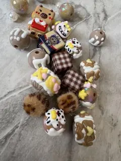 ブラウンビーズセット ラブブ シーサー カピバラ メタル ヒョウ柄