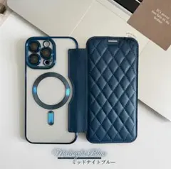 iPhone14plusケース キルティング ミッドナイトブルー