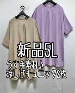 新品☆5L♪ベージュ×ラベンダー系♪うす手さらっとチュニック2枚セット☆x216