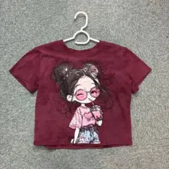 イラスト入り クロップドTシャツ バーガンディ
