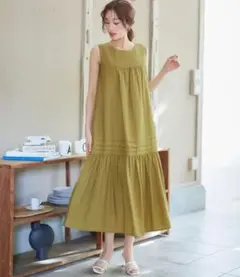 Tiaclasse 麻調ピンタックロングワンピース М