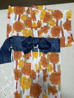 rps 浴衣　オレンジ　梅の花　紺色帯