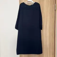 ネイビー レース付き 長袖ワンピース M ハニーズ
