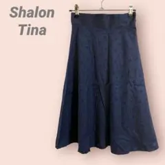 Shalon Tina フレアスカート　膝丈　花柄　ネイビー　綿100/F