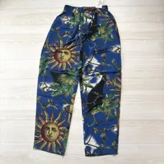 90s 総柄児島イージーパンツ新品タグ付き　レトロ柄　青　ブルー　太陽柄