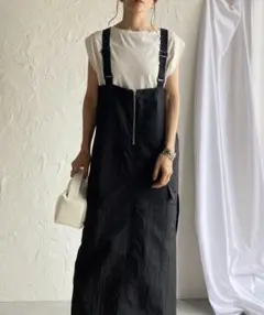 【お得】フロントジップハイウエストロングミリタリージャンパースカートワンピース黒