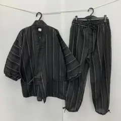 新品★メンズ★Mサイズ★しじら 縞柄 作務衣 さむえ 上下セット 黒 4701