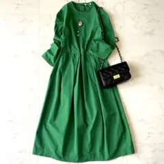 近年.極美品.定価3万☆ボールジィ 洗える タックギャザーワンピース 36 緑