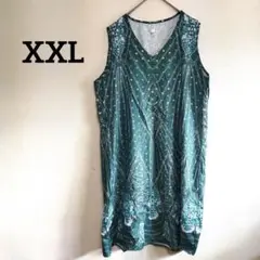 ノースリーブチュニック【XXL】ワンピース 緑色 装飾的な模様 古着