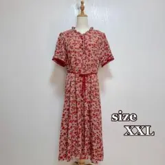 美品リーフ柄フリル襟シフォンワンピース（ X X L）大きいサイズ　赤系　ロング