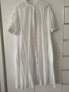 ホワイト シャツワンピース 半袖 ギャザー入り