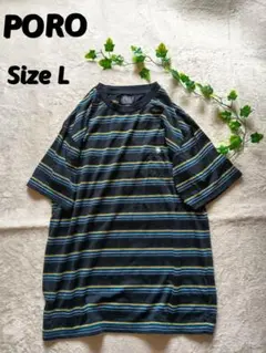 美品【POLO】Tシャツ　刺繍ロゴ　マルチボーダー 大きいサイズ 緑＆黄
