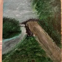 風景画 油彩 川と道の風景