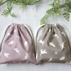 給食袋　コップ袋　巾着袋　猫　ハンドメイド　２点セット　ニュアンスラベンダー